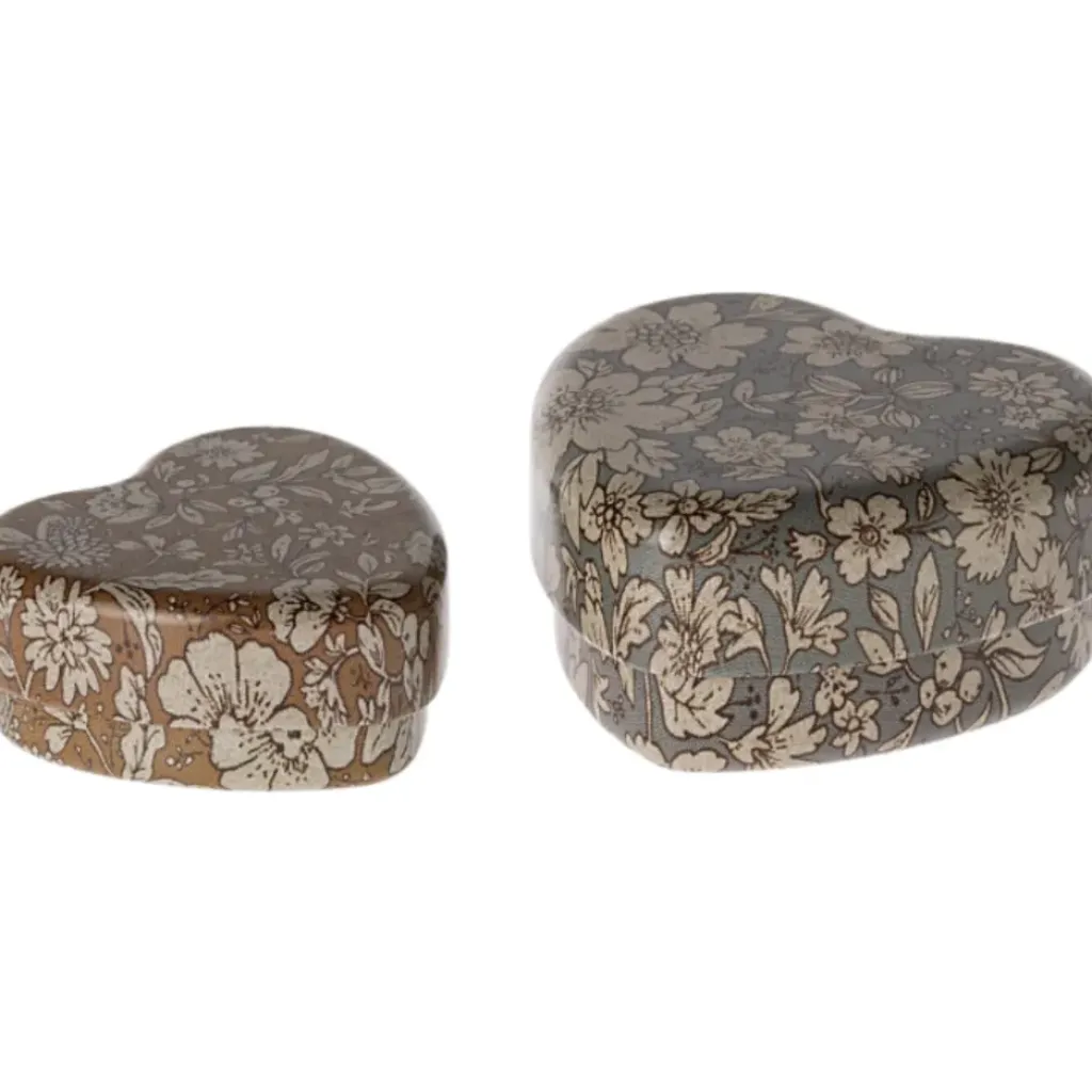 Maileg Boites Coeur en Metal Bleu / Ocre Fleurs - Fashion