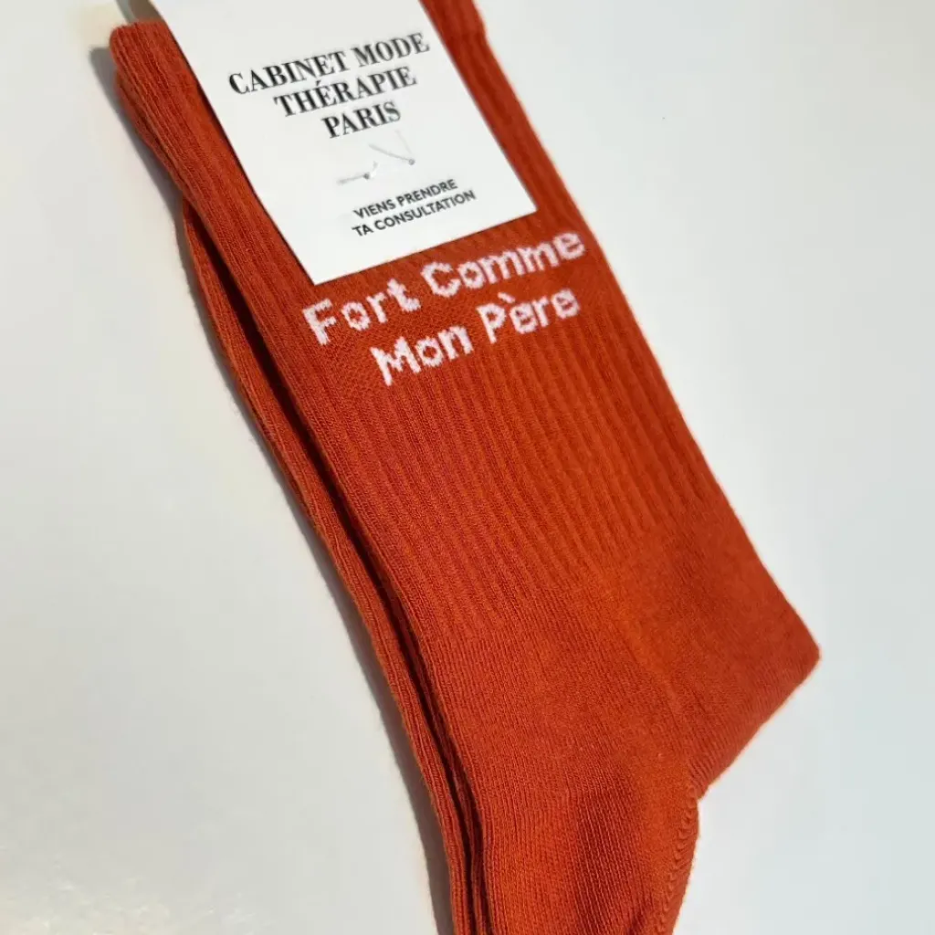 Cabinet Mode Thérapie Paris Chaussette Kids "Fort Comme mon Père" Orange - Cabinet Mode Thérapie Sale
