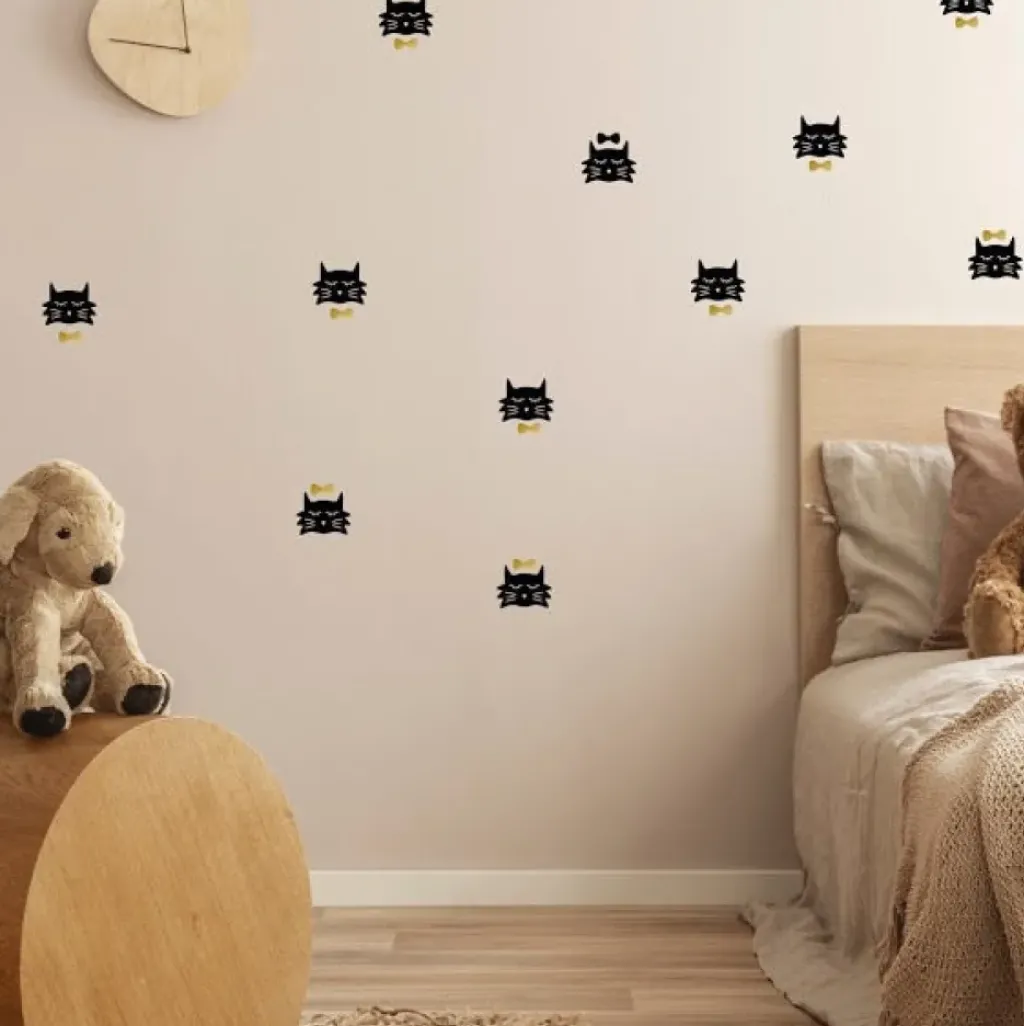 Pöm le Bonhomme Stickers muraux chats et noeud pap noir et or New